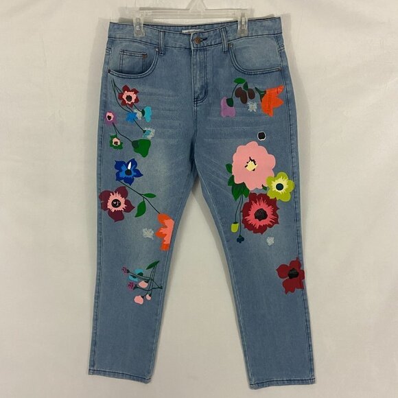 Misslook Women's Floral Jeans Straight Leg Size XL (33 x 31) High Rise NWT - Picture 2 of 9